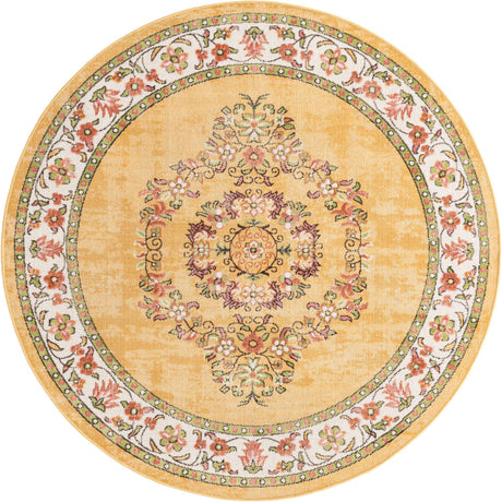 Yellow 5' 3 x 5' 3 Lucerne Round Area Rug 100% Polypropylene Traditional Classic Easy Clean Carpet for Kitchens, Living Rooms, Bedroom, Office for Sale at Rug Engine