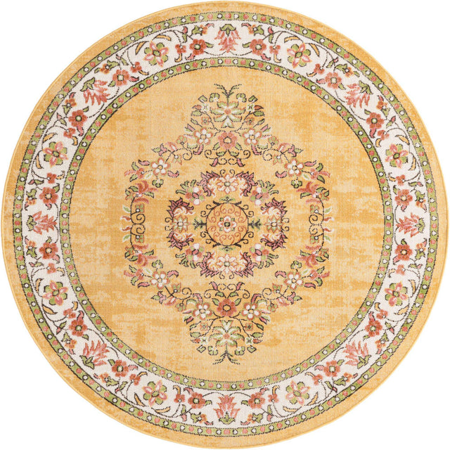 Yellow 5' 3 x 5' 3 Lucerne Round Area Rug 100% Polypropylene Traditional Classic Easy Clean Carpet for Kitchens, Living Rooms, Bedroom, Office for Sale at Rug Engine