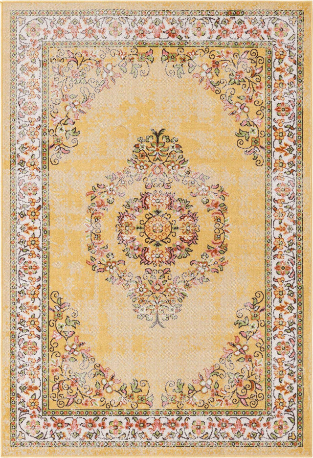 Yellow 4' 1 x 6' 1 Lucerne Rectangle Area Rug 100% Polypropylene Traditional Classic Easy Clean Carpet for Kitchens, Living Rooms, Bedroom, Office for Sale at Rug Engine