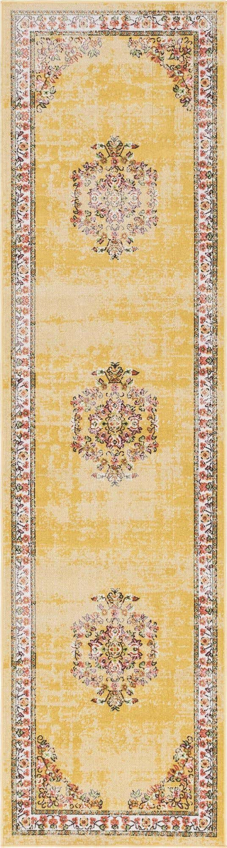 Yellow 2' 7 x 10' Lucerne Runner Area Rug 100% Polypropylene Traditional Classic Easy Clean Carpet for Kitchens, Living Rooms, Bedroom, Office for Sale at Rug Engine