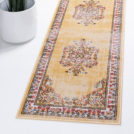 Yellow 2' 7 x 10' Lucerne Runner Area Rug 100% Polypropylene Traditional Classic Easy Clean Carpet for Kitchens, Living Rooms, Bedroom, Office for Sale at Rug Engine