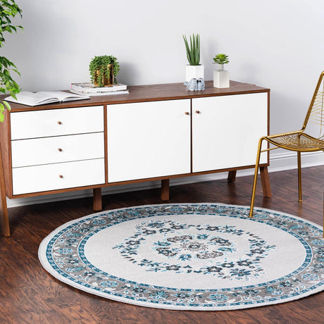Gray 5' 3 x 5' 3 Lucerne Round Area Rug 100% Polypropylene Traditional Classic Easy Clean Carpet for Kitchens, Living Rooms, Bedroom, Office for Sale at Rug Engine