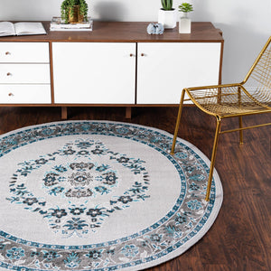 Gray 5' 3 x 5' 3 Lucerne Round Area Rug 100% Polypropylene Traditional Classic Easy Clean Carpet for Kitchens, Living Rooms, Bedroom, Office for Sale at Rug Engine