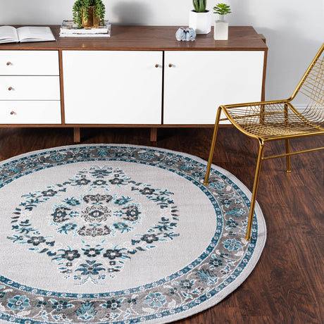 Gray 5' 3 x 5' 3 Lucerne Round Area Rug 100% Polypropylene Traditional Classic Easy Clean Carpet for Kitchens, Living Rooms, Bedroom, Office for Sale at Rug Engine