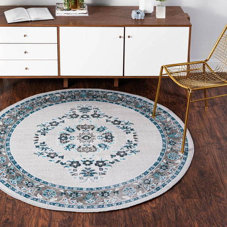Gray 5' 3 x 5' 3 Lucerne Round Area Rug 100% Polypropylene Traditional Classic Easy Clean Carpet for Kitchens, Living Rooms, Bedroom, Office for Sale at Rug Engine