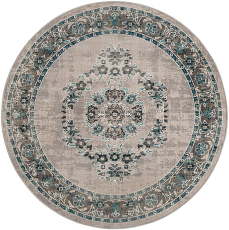 Gray 5' 3 x 5' 3 Lucerne Round Area Rug 100% Polypropylene Traditional Classic Easy Clean Carpet for Kitchens, Living Rooms, Bedroom, Office for Sale at Rug Engine