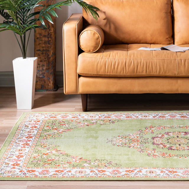 Green 4' 1 x 6' 1 Lucerne Rectangle Area Rug 100% Polypropylene Traditional Classic Easy Clean Carpet for Kitchens, Living Rooms, Bedroom, Office for Sale at Rug Engine