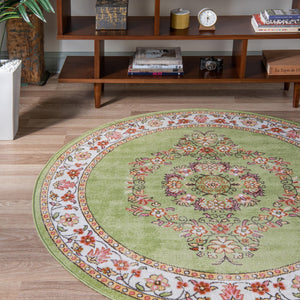 Green 5' 3 x 5' 3 Lucerne Round Area Rug 100% Polypropylene Traditional Classic Easy Clean Carpet for Kitchens, Living Rooms, Bedroom, Office for Sale at Rug Engine