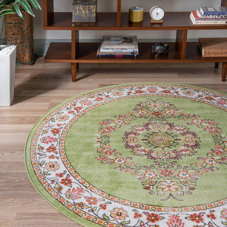 Green 5' 3 x 5' 3 Lucerne Round Area Rug 100% Polypropylene Traditional Classic Easy Clean Carpet for Kitchens, Living Rooms, Bedroom, Office for Sale at Rug Engine