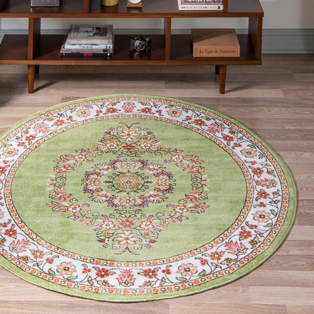 Green 7' 10 x 7' 10 Lucerne Round Area Rug 100% Polypropylene Traditional Classic Easy Clean Carpet for Kitchens, Living Rooms, Bedroom, Office for Sale at Rug Engine