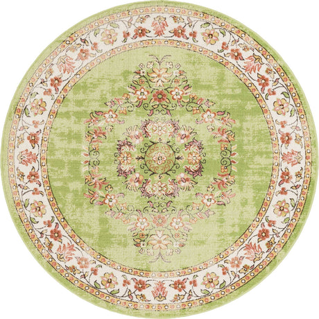 Green 5' 3 x 5' 3 Lucerne Round Area Rug 100% Polypropylene Traditional Classic Easy Clean Carpet for Kitchens, Living Rooms, Bedroom, Office for Sale at Rug Engine