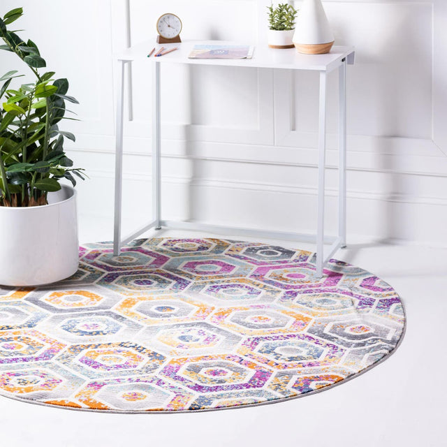 Multicolor 3' 7 x 3' 7 Malibu Round Area Rug 70% Polypropylene & 30% Polyester Colorful Modern Carpet for Living, Dining, Office, Bedrooms for Sale at Rug Engine
