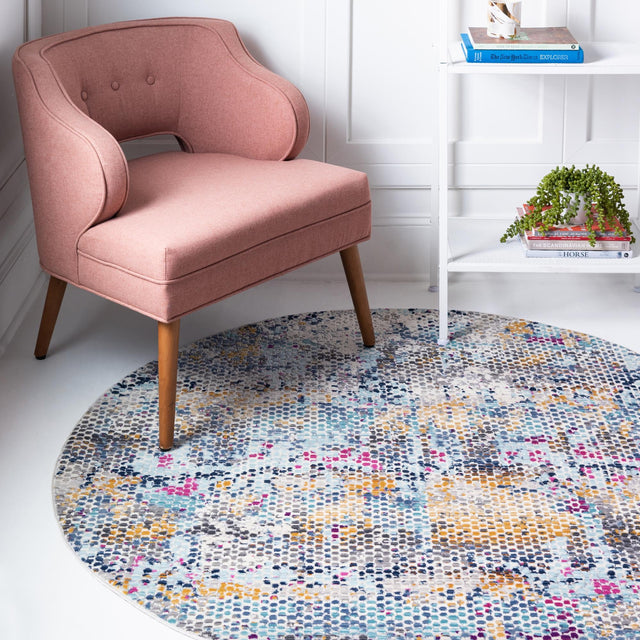 Multicolor 3' 7 x 3' 7 Malibu Round Area Rug 70% Polypropylene & 30% Polyester Colorful Modern Carpet for Living, Dining, Office, Bedrooms for Sale at Rug Engine