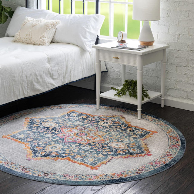 Blue 5' 1 x 5' 1 Budapest Round Area Rug 70% Polypropylene & 30% Polyester With Cotton Backing Traditional Classical Room Carpet for Sale at Rug Engine