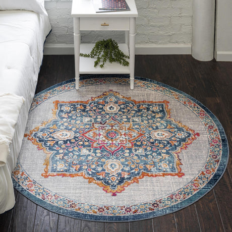 Blue 5' 1 x 5' 1 Budapest Round Area Rug 70% Polypropylene & 30% Polyester With Cotton Backing Traditional Classical Room Carpet for Sale at Rug Engine