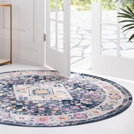 Blue 3' 7 x 3' 7 Budapest Round Area Rug 70% Polypropylene & 30% Polyester With Cotton Backing Traditional Classical Room Carpet for Sale at Rug Engine