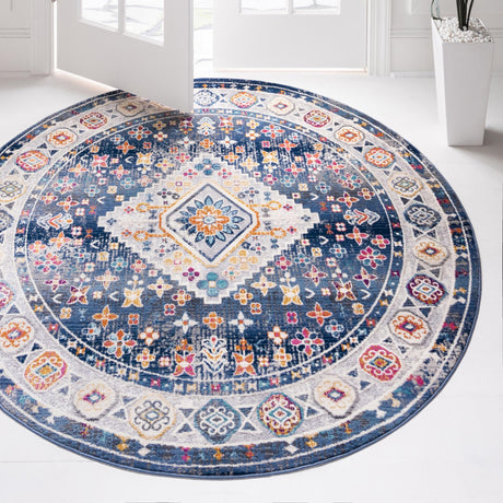 Blue 3' 7 x 3' 7 Budapest Round Area Rug 70% Polypropylene & 30% Polyester With Cotton Backing Traditional Classical Room Carpet for Sale at Rug Engine