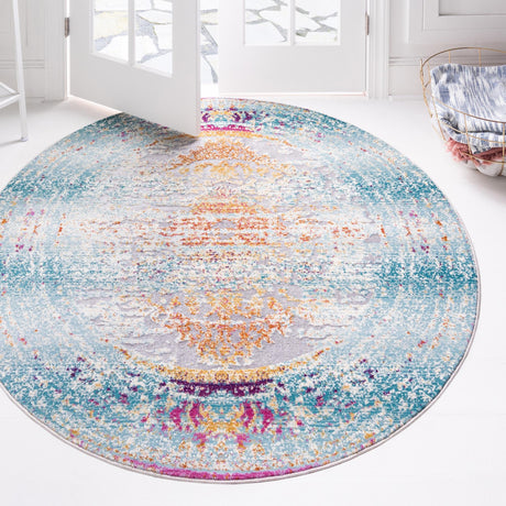 Blue 5' 1 x 5' 1 Budapest Round Area Rug 70% Polypropylene & 30% Polyester With Cotton Backing Traditional Classical Room Carpet for Sale at Rug Engine