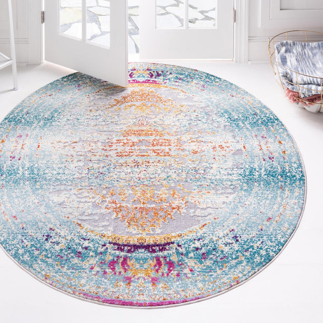 Blue 5' 1 x 5' 1 Budapest Round Area Rug 70% Polypropylene & 30% Polyester With Cotton Backing Traditional Classical Room Carpet for Sale at Rug Engine