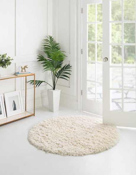 Pearl 6' 7 x 6' 7 Infinity Shag Round Area Rug Thick Soft Touch Fluffy & Plush Shaggy Pile 100% Polypropylene With Jute Backing Solid Color Minimalist Carpet for Sale at Rug Engine