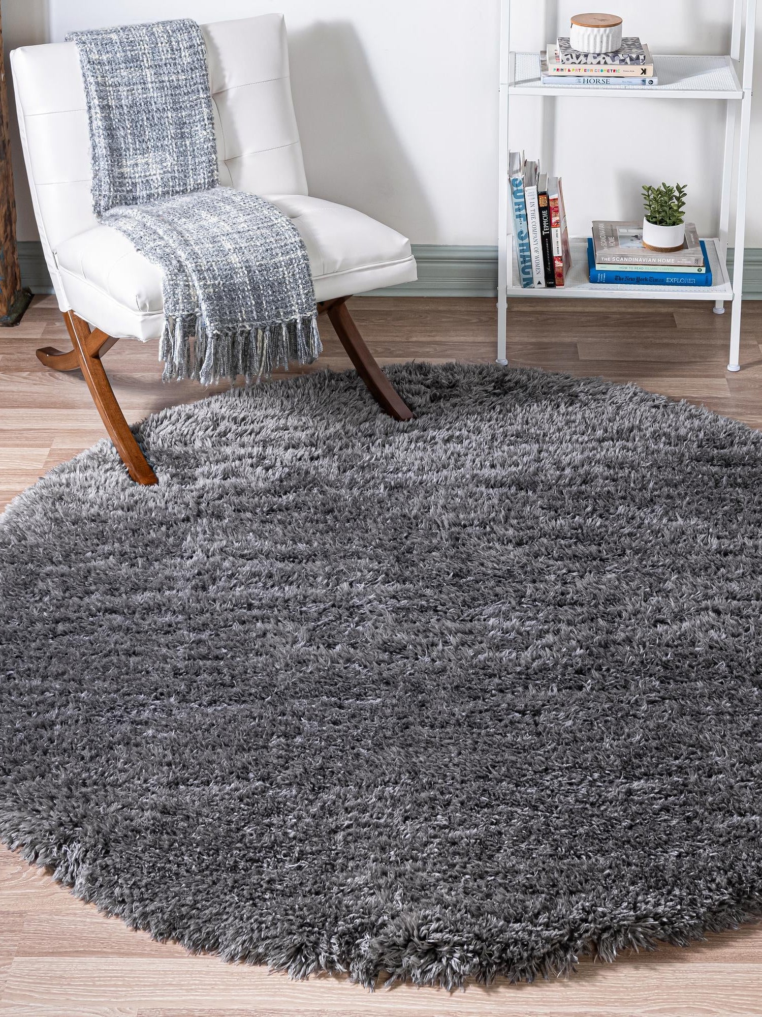 Smoke 8' x 8' Infinity Shag Round Area Rug Thick Soft Touch Fluffy & Plush Shaggy Pile 100% Polypropylene With Jute Backing Solid Color Minimalist Carpet for Sale at Rug Engine