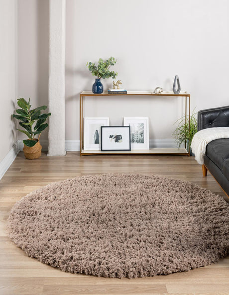Khaki 8' x 8' Infinity Shag Round Area Rug Thick Soft Touch Fluffy & Plush Shaggy Pile 100% Polypropylene With Jute Backing Solid Color Minimalist Carpet for Sale at Rug Engine
