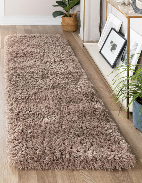 Khaki 2' 7 x 10' Infinity Shag Runner Area Rug Thick Soft Touch Fluffy & Plush Shaggy Pile 100% Polypropylene With Jute Backing Solid Color Minimalist Carpet for Sale at Rug Engine