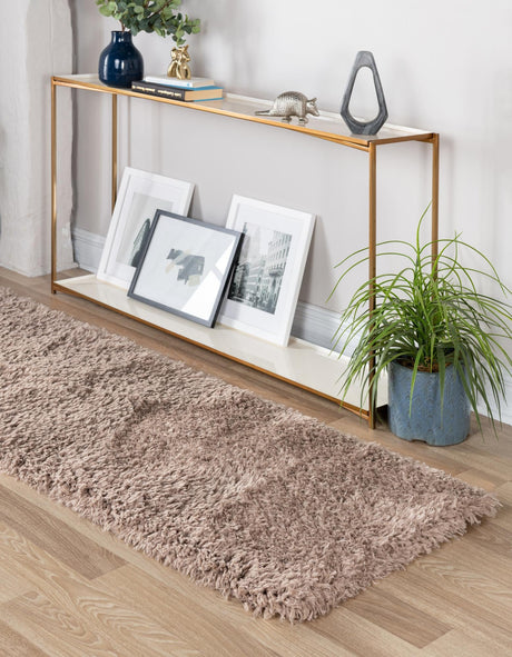 Khaki 2' 7 x 13' 1 Infinity Shag Runner Area Rug Thick Soft Touch Fluffy & Plush Shaggy Pile 100% Polypropylene With Jute Backing Solid Color Minimalist Carpet for Sale at Rug Engine
