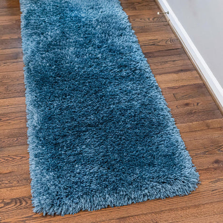 Aegean Blue 2' 7 x 13' 1 Infinity Shag Runner Area Rug Thick Soft Touch Fluffy & Plush Shaggy Pile 100% Polypropylene With Jute Backing Solid Color Minimalist Carpet for Sale at Rug Engine