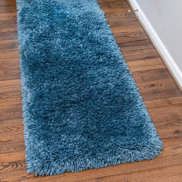 Aegean Blue 2' 7 x 13' 1 Infinity Shag Runner Area Rug Thick Soft Touch Fluffy & Plush Shaggy Pile 100% Polypropylene With Jute Backing Solid Color Minimalist Carpet for Sale at Rug Engine