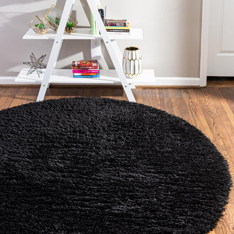 Onyx Black 8' x 8' Infinity Shag Round Area Rug Thick Soft Touch Fluffy & Plush Shaggy Pile 100% Polypropylene With Jute Backing Solid Color Minimalist Carpet for Sale at Rug Engine