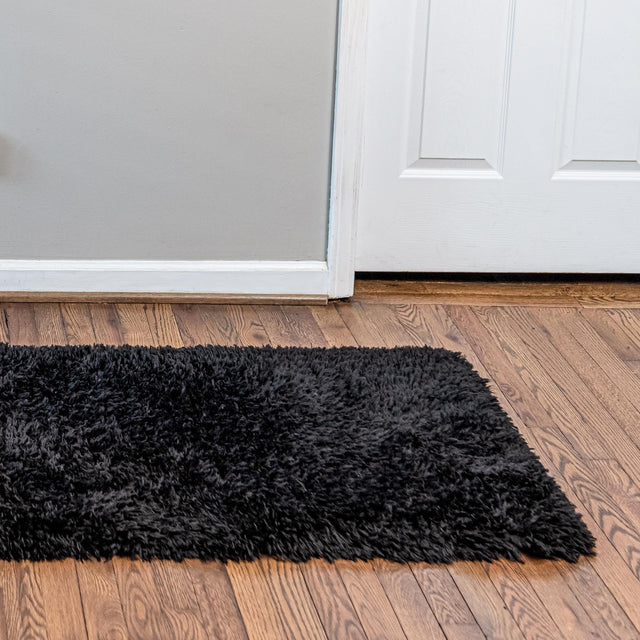 Onyx Black 2' 7 x 10' Infinity Shag Runner Area Rug Thick Soft Touch Fluffy & Plush Shaggy Pile 100% Polypropylene With Jute Backing Solid Color Minimalist Carpet for Sale at Rug Engine