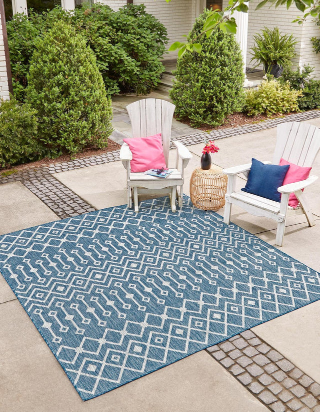 Blue 5' 3 x 5' 3 Outdoor Trellis Square Area Rug Weather Resistant for Patio, Deck, Terrace, Balcony, Porch Geometric Design Water Safe Outside Carpet for Sale at Rug Engine