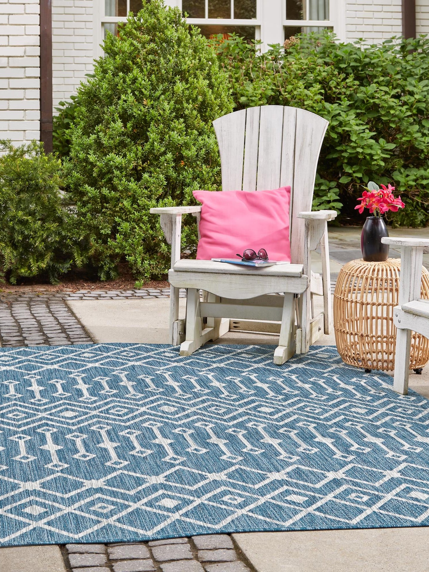 Blue 5' 3 x 5' 3 Outdoor Trellis Square Area Rug Weather Resistant for Patio, Deck, Terrace, Balcony, Porch Geometric Design Water Safe Outside Carpet for Sale at Rug Engine