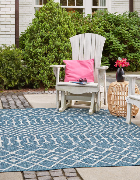 Blue 5' 3 x 5' 3 Outdoor Trellis Square Area Rug Weather Resistant for Patio, Deck, Terrace, Balcony, Porch Geometric Design Water Safe Outside Carpet for Sale at Rug Engine