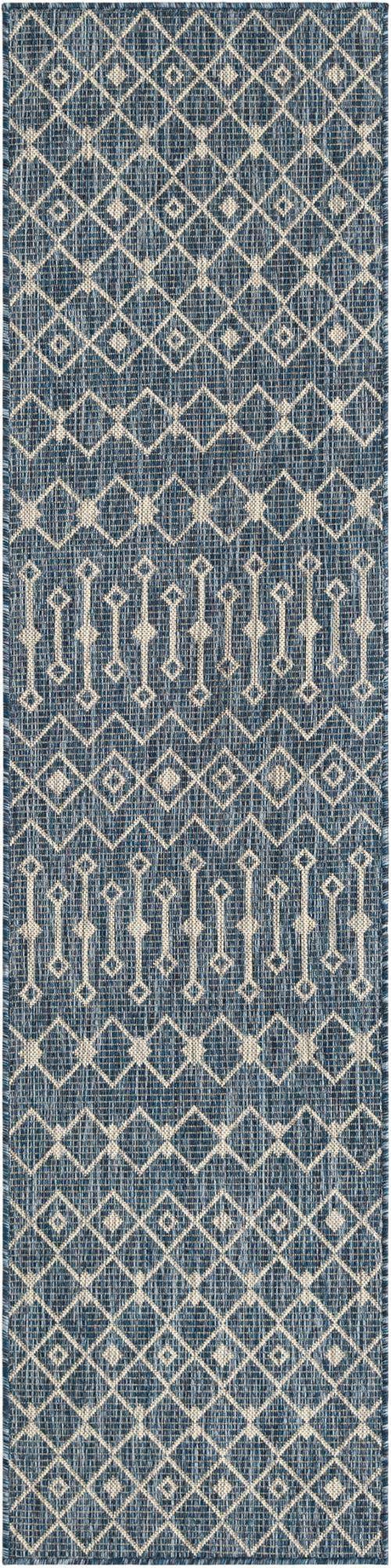 Blue 2' x 8' Outdoor Trellis Runner Area Rug Weather Resistant for Patio, Deck, Terrace, Balcony, Porch Geometric Design Water Safe Outside Carpet for Sale at Rug Engine