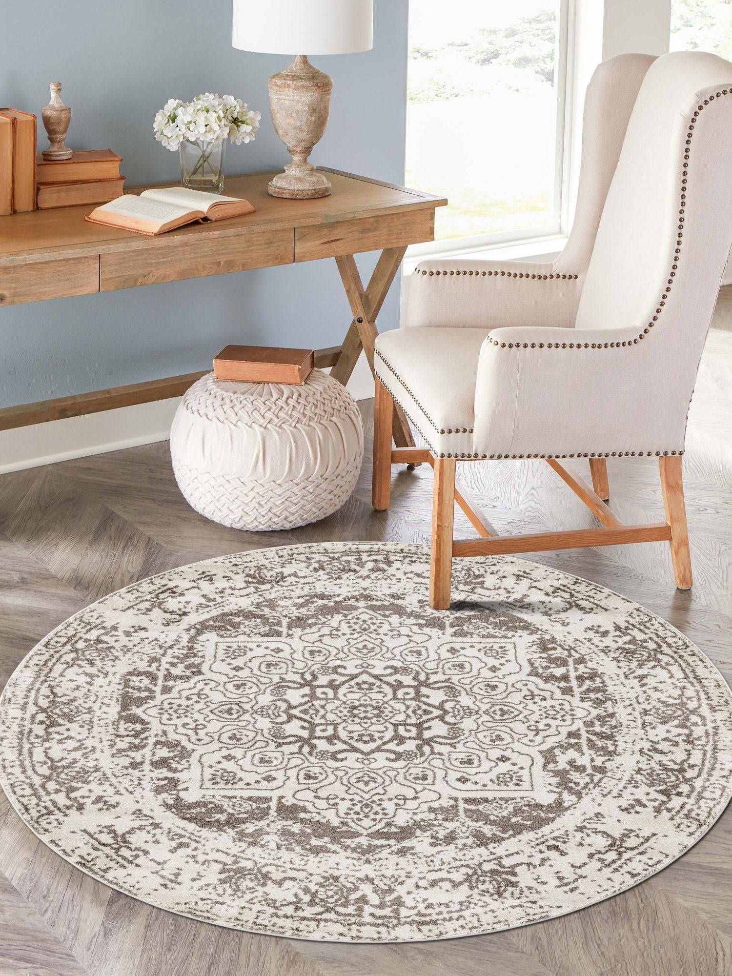 White 10' x 10' Richmond Round Area Rug Vintage Distressed Look Traditional Design Carpet for Unique Home Interior Design for Sale at Rug Engine