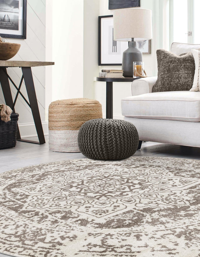 White 7' 10 x 7' 10 Richmond Round Area Rug Vintage Distressed Look Traditional Design Carpet for Unique Home Interior Design for Sale at Rug Engine
