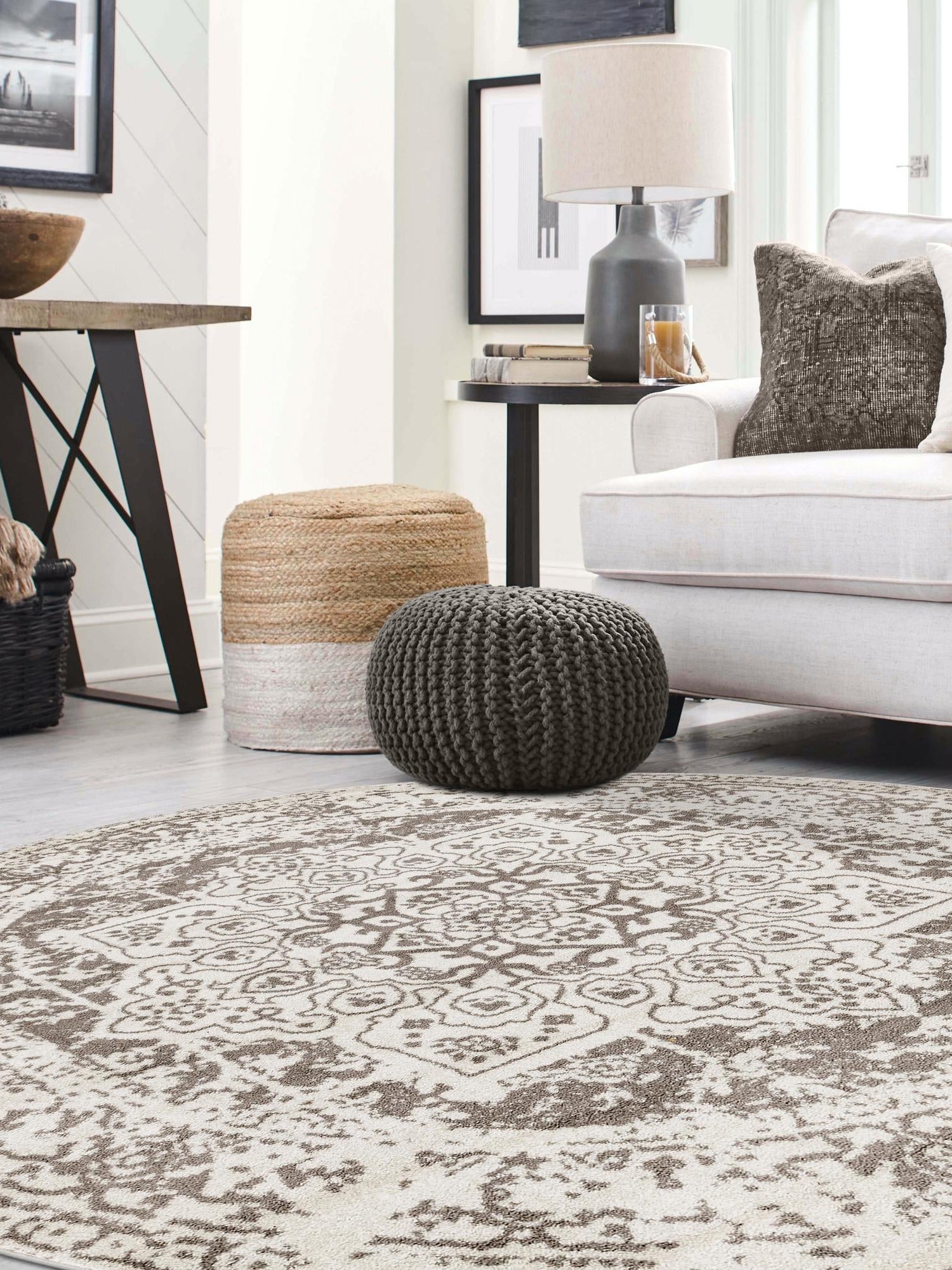 White 12' x 12' Richmond Round Area Rug Vintage Distressed Look Traditional Design Carpet for Unique Home Interior Design for Sale at Rug Engine