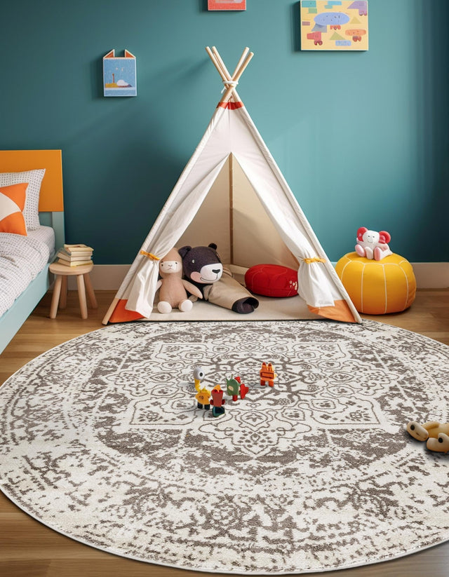 White 12' x 12' Richmond Round Area Rug Vintage Distressed Look Traditional Design Carpet for Unique Home Interior Design for Sale at Rug Engine
