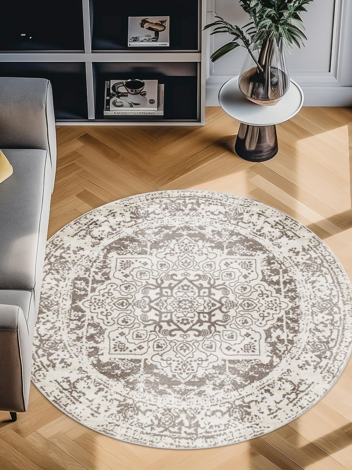 White 7' 10 x 7' 10 Richmond Round Area Rug Vintage Distressed Look Traditional Design Carpet for Unique Home Interior Design for Sale at Rug Engine