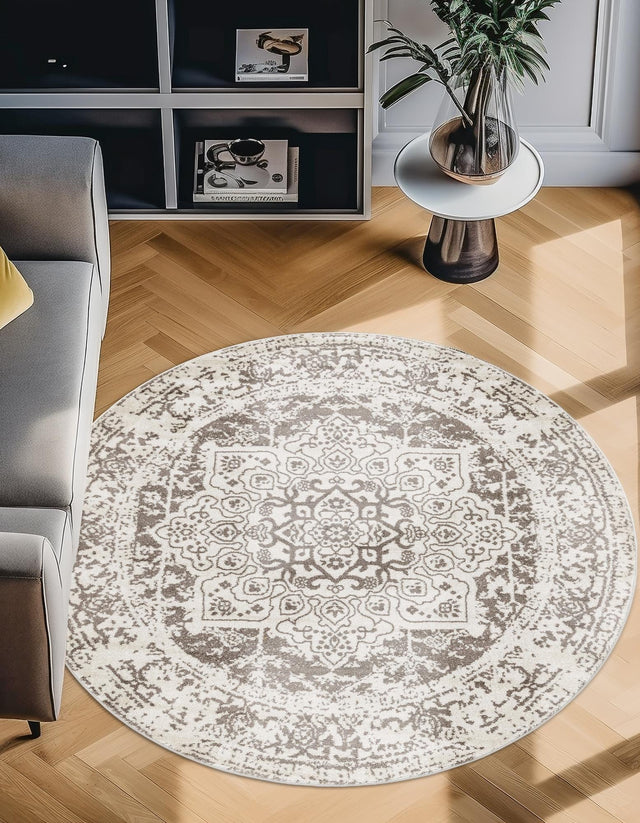 White 7' 10 x 7' 10 Richmond Round Area Rug Vintage Distressed Look Traditional Design Carpet for Unique Home Interior Design for Sale at Rug Engine
