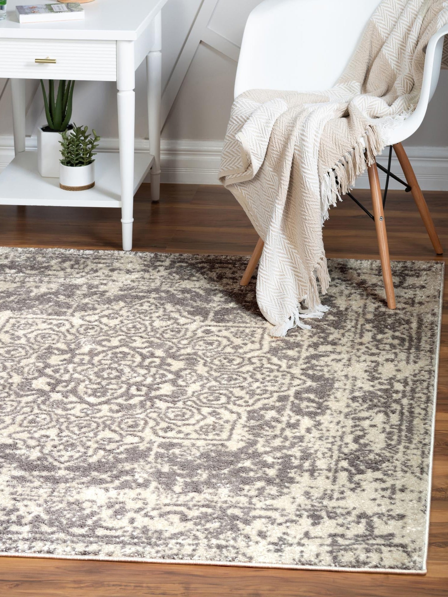 White 5' 3 x 5' 3 Richmond Square Area Rug Vintage Distressed Look Traditional Design Carpet for Unique Home Interior Design for Sale at Rug Engine