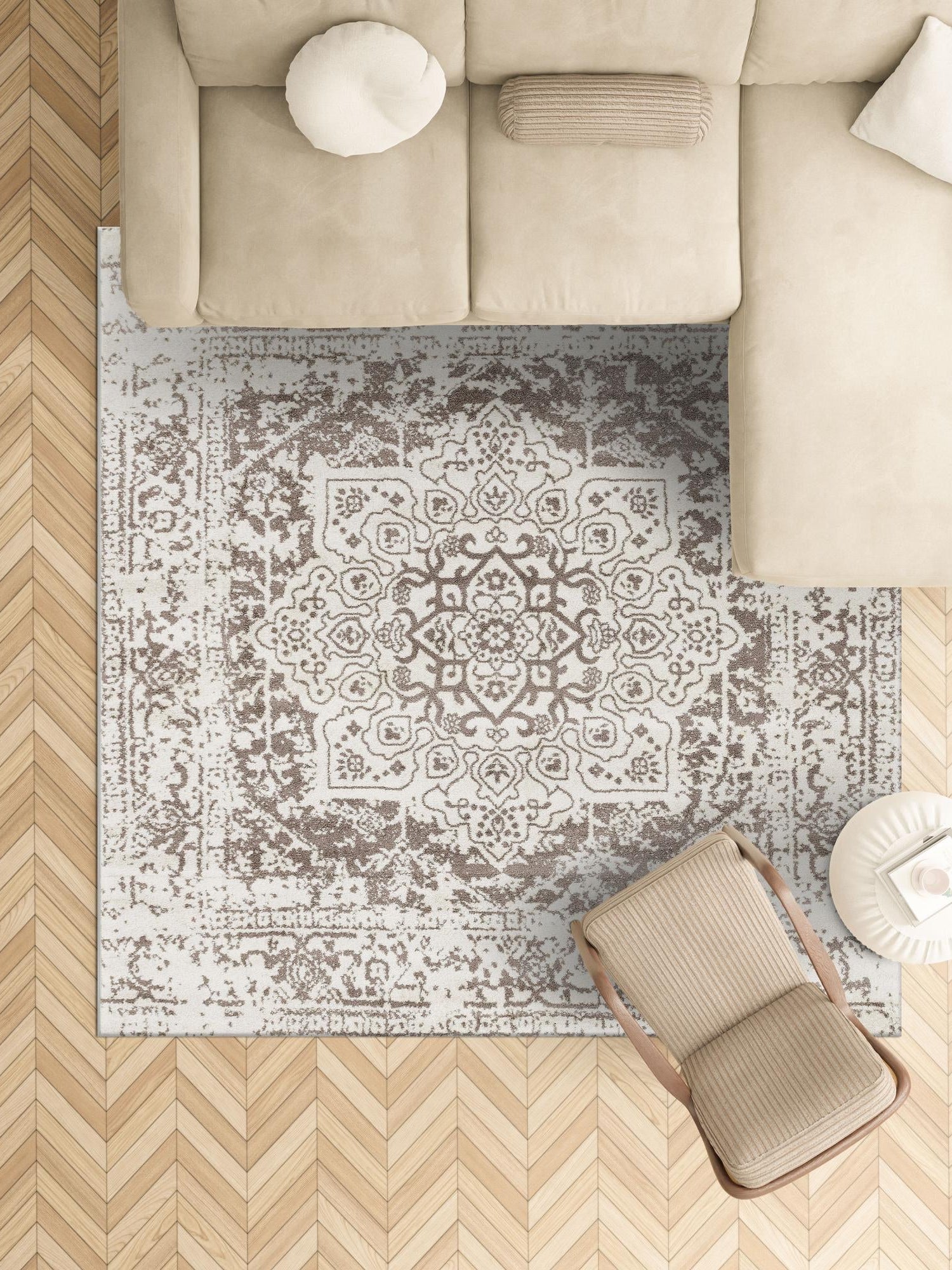 White 5' 3 x 5' 3 Richmond Square Area Rug Vintage Distressed Look Traditional Design Carpet for Unique Home Interior Design for Sale at Rug Engine