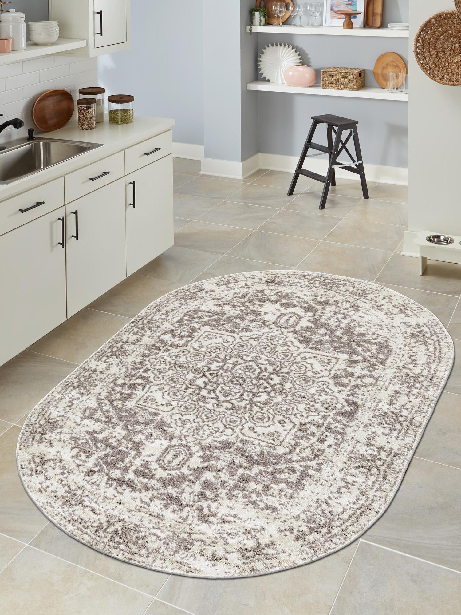 White 3' 1 x 5' 3 Richmond Oval Area Rug Vintage Distressed Look Traditional Design Carpet for Unique Home Interior Design for Sale at Rug Engine