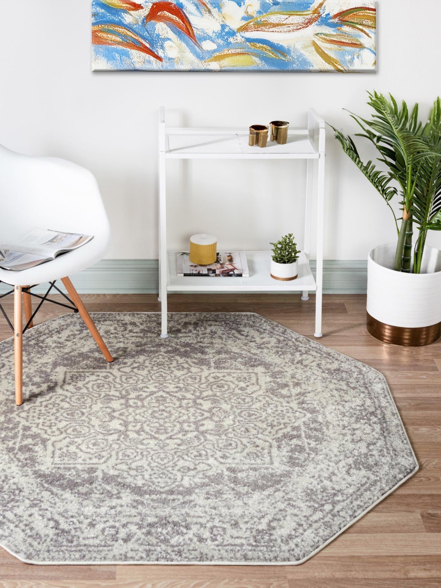 White 5' 3 x 5' 3 Richmond Octagon Area Rug Vintage Distressed Look Traditional Design Carpet for Unique Home Interior Design for Sale at Rug Engine