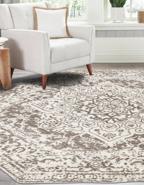 White 7' 10 x 7' 10 Richmond Octagon Area Rug Vintage Distressed Look Traditional Design Carpet for Unique Home Interior Design for Sale at Rug Engine