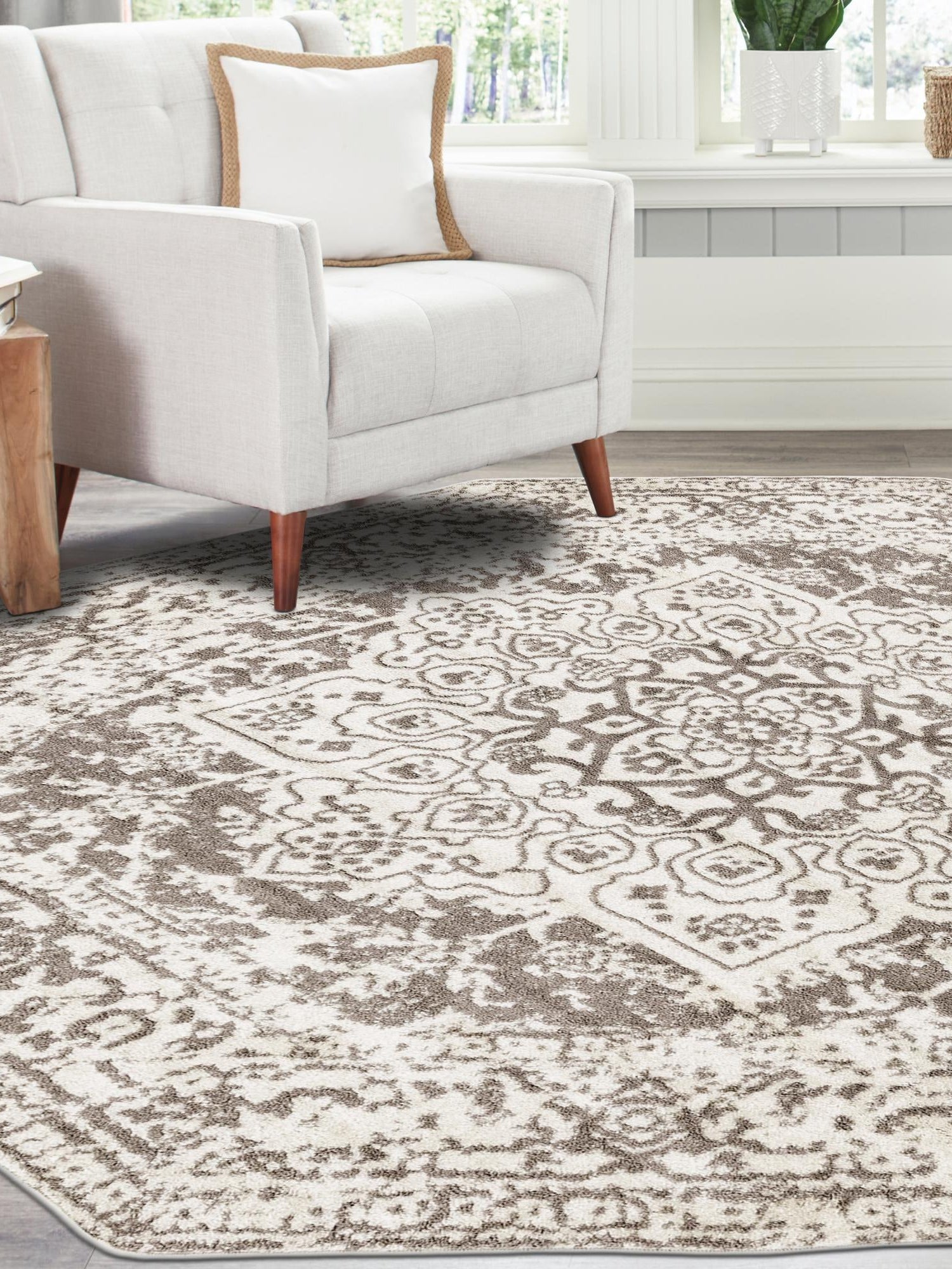 White 5' 3 x 5' 3 Richmond Octagon Area Rug Vintage Distressed Look Traditional Design Carpet for Unique Home Interior Design for Sale at Rug Engine