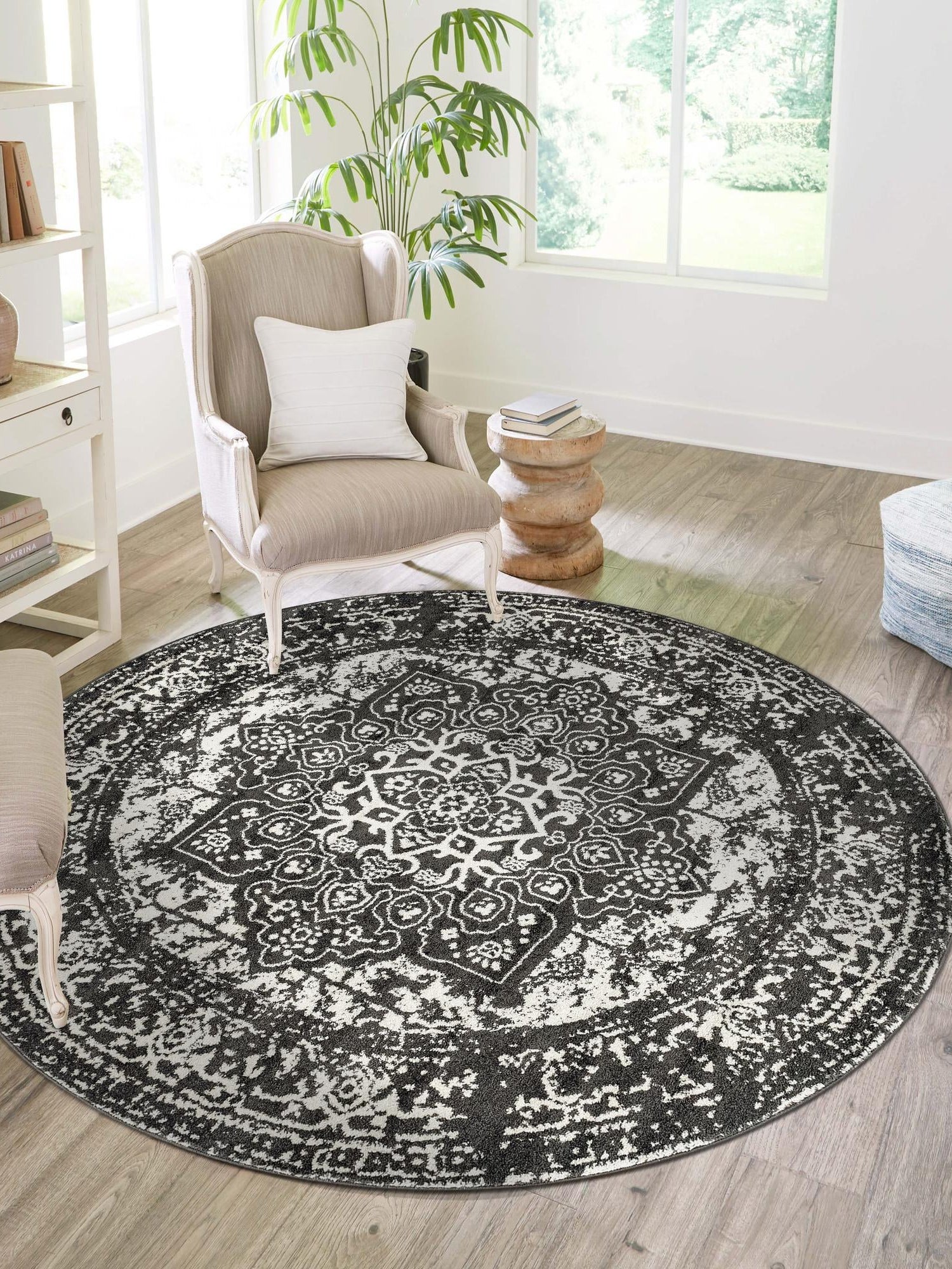 Dark Gray 3' 1 x 3' 1 Richmond Round Area Rug Vintage Distressed Look Traditional Design Carpet for Unique Home Interior Design for Sale at Rug Engine