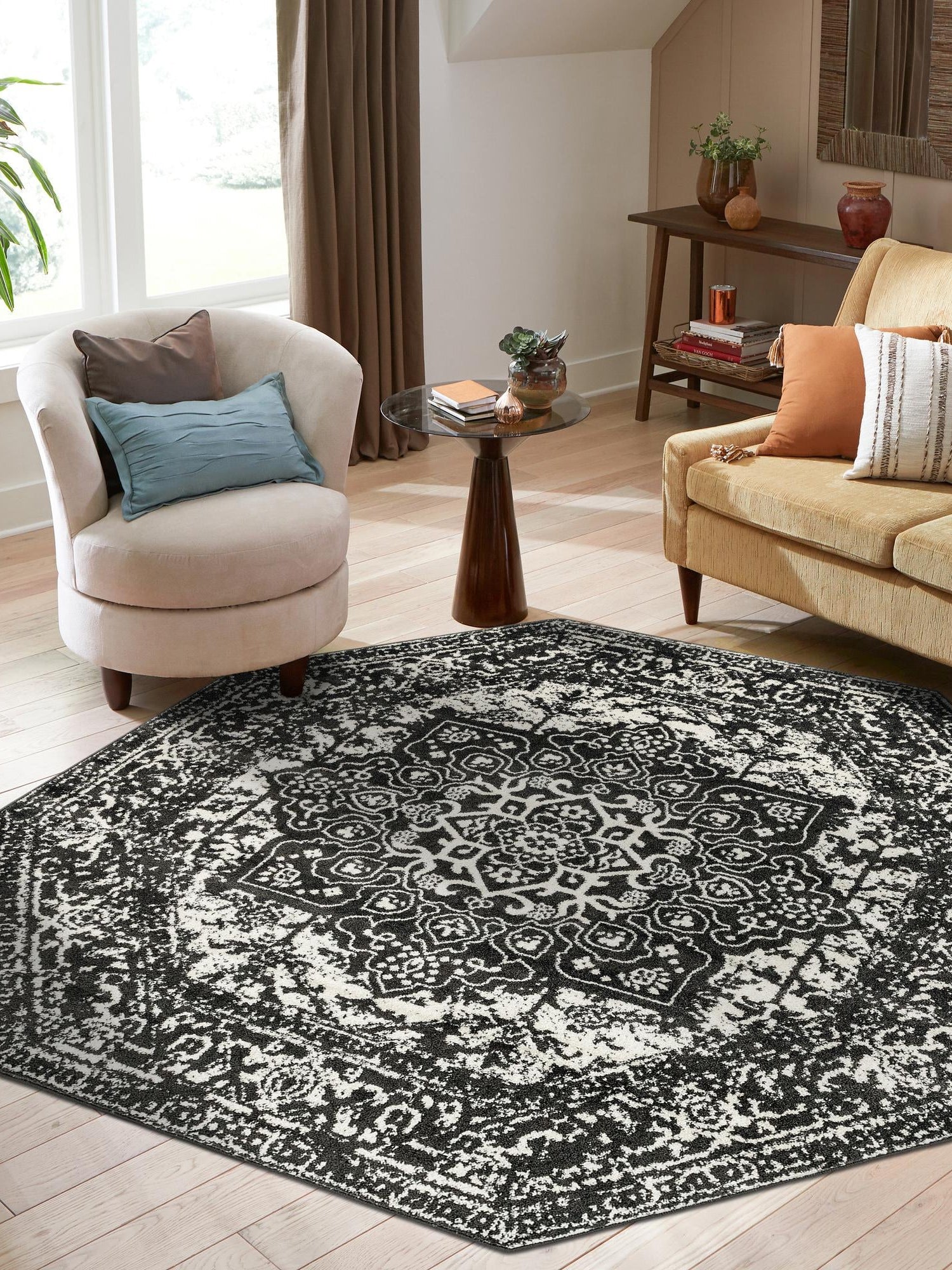 Dark Gray 7' 10 x 7' 10 Richmond Octagon Area Rug Vintage Distressed Look Traditional Design Carpet for Unique Home Interior Design for Sale at Rug Engine